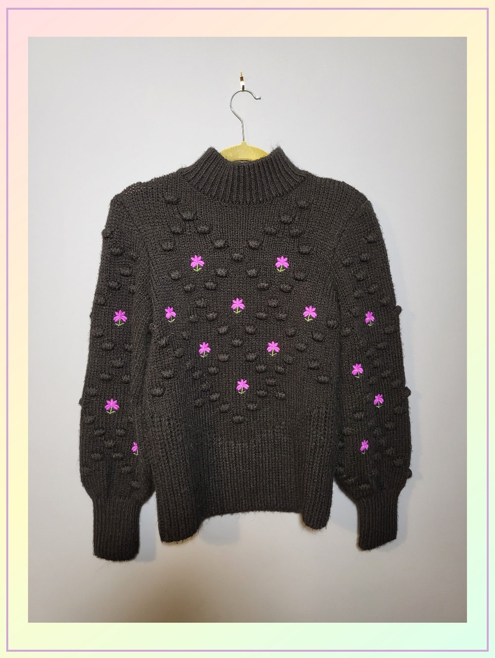 River Island Sz 6 Black Textured Pom-Pom Knit Sweater Violet Floral Embroidery